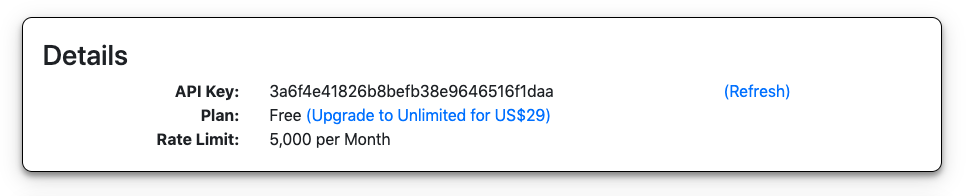 Screenshot of the API Key area on the Customer Dashboard