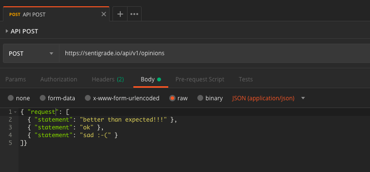 Screenshot of the JSON body containing the API request